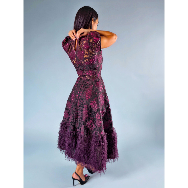 Rochie Floarea midi, organza brodata si pene