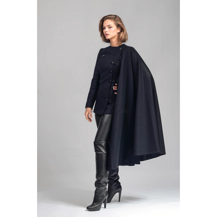 Rebecca coat with its detachable cape and asymmetric button fastening