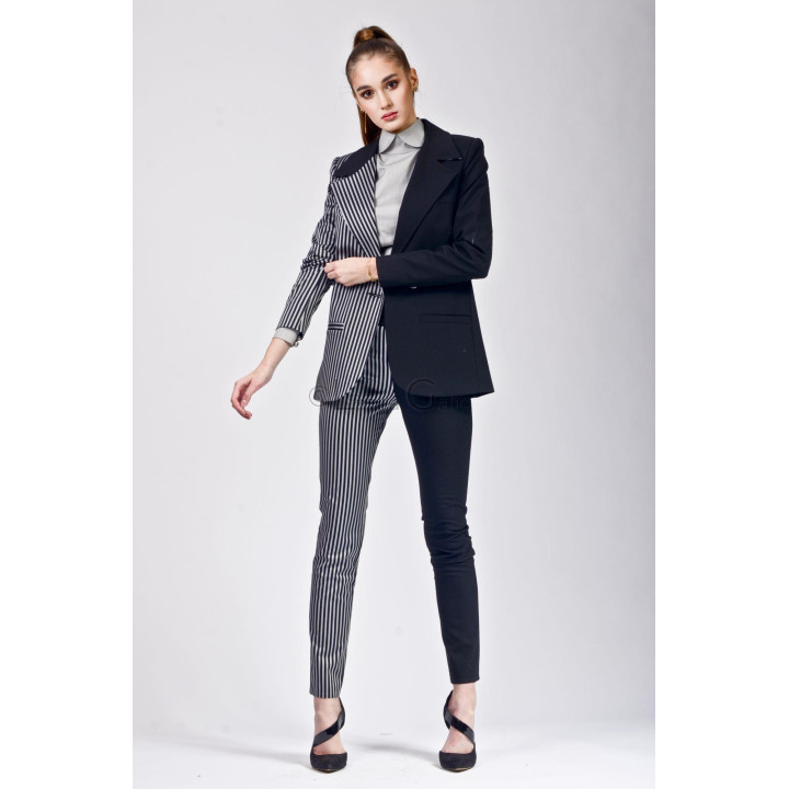 Ramona suit with jacket and trousers combining striped and solid-colour panels